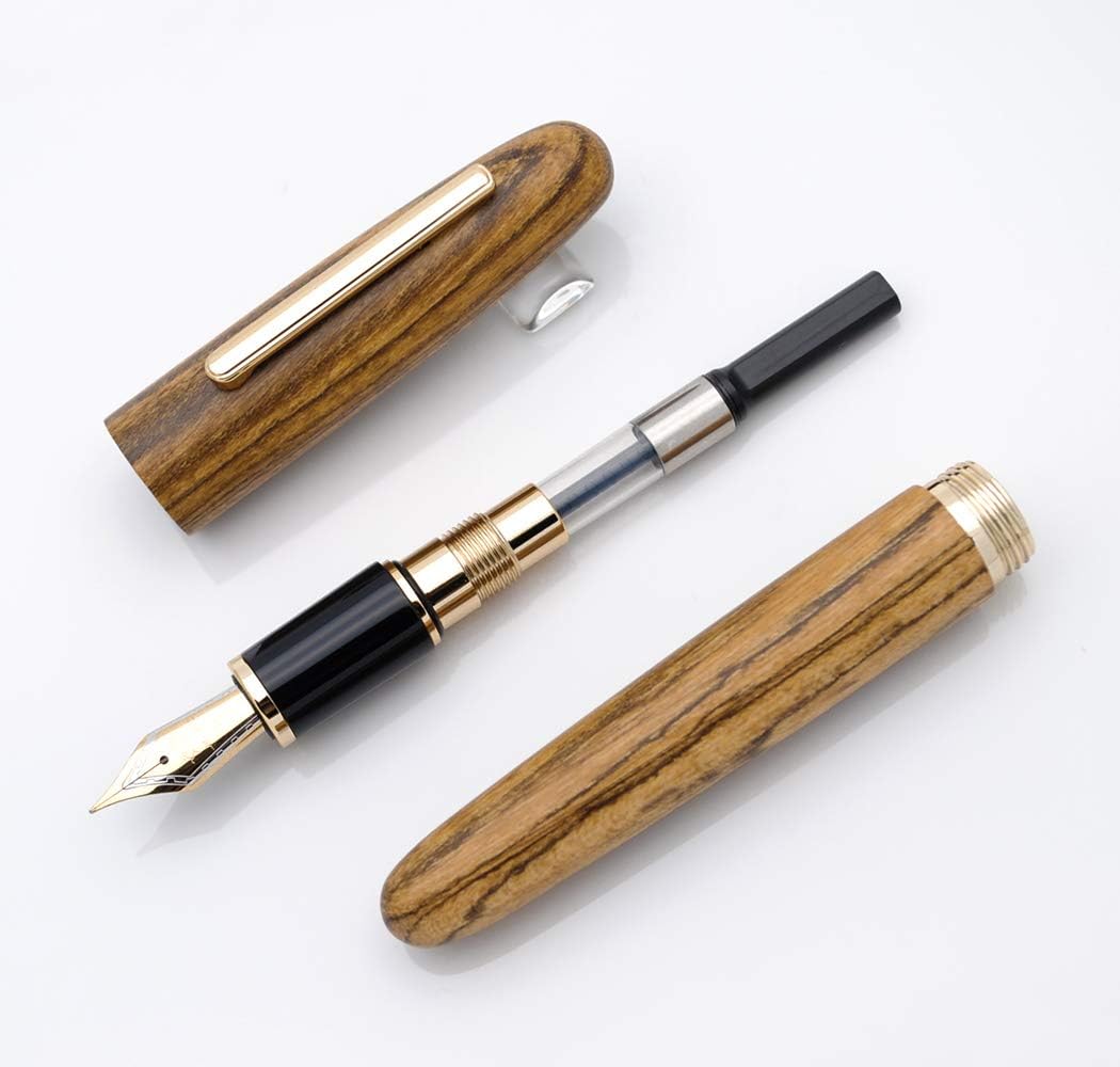 JINHAO 9056 Natural Wood Fountain Pen Handmade Ink Pen (Tiger Wood, Fine Nib 0.5mm)