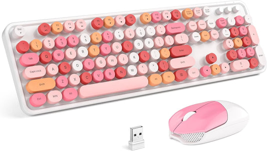 MOFII Wireless Keyboard and Mouse Combo,2.4GHz Retro Full-Size Wireless Keyboard with Number Pad and Cute Wireless Mouse for Computer PC Desktops Laptop WindowsxP/7/8/10 (Lipstick Colorful)