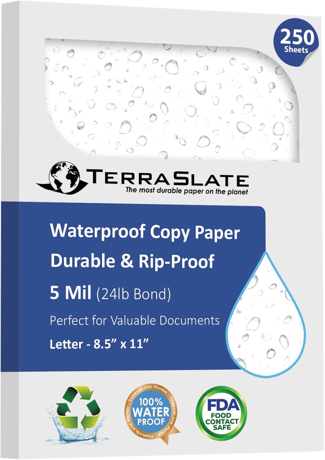 TerraSlate Premium Waterproof Paper, 5 MIL 8.5” x 11”, Laser Printer & Copy Machine Compatible, Durable & Rain/Weather-Proof Copy Paper, White Paper (250 Sheets)