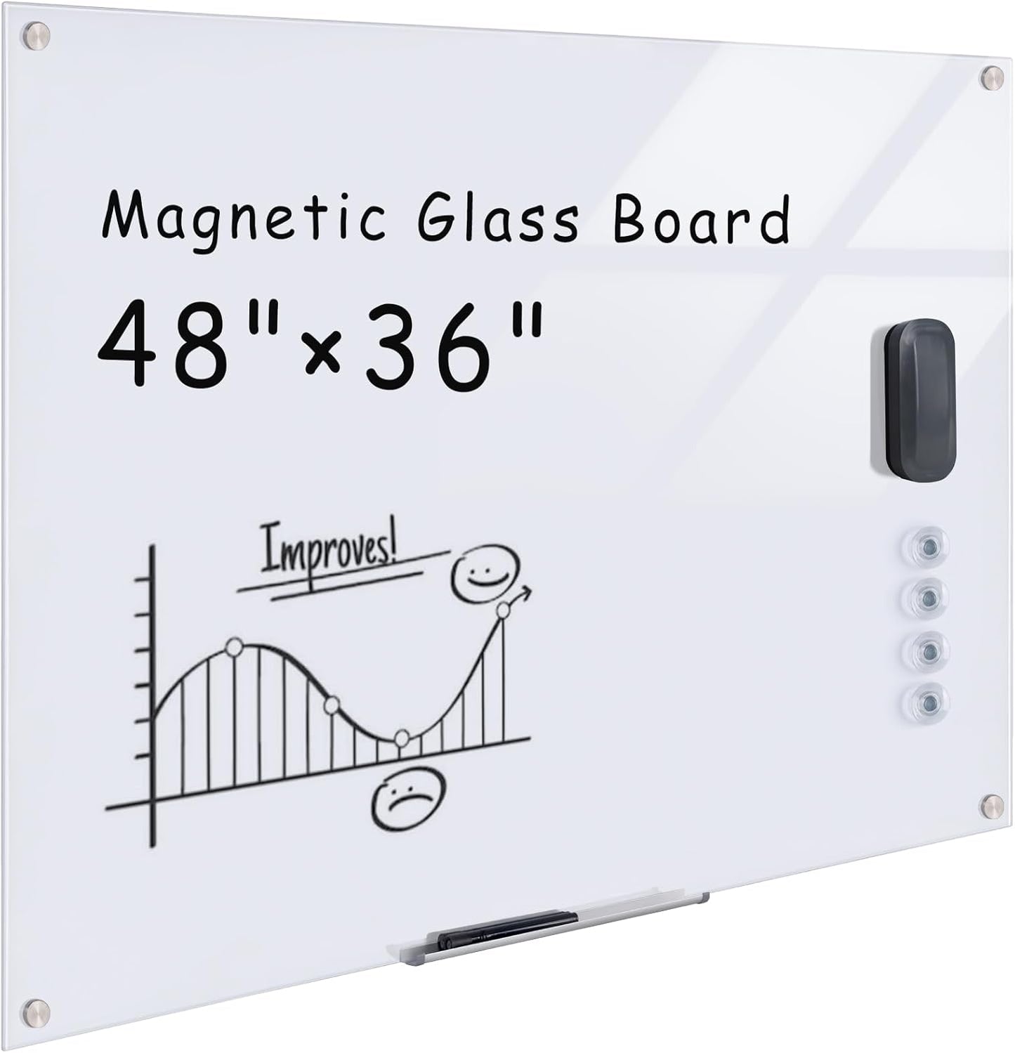 Magnetic Glass Whiteboard，48"x36" Wall Mounted Frameless Dry Erase Board for Office, Home & School Ultra White