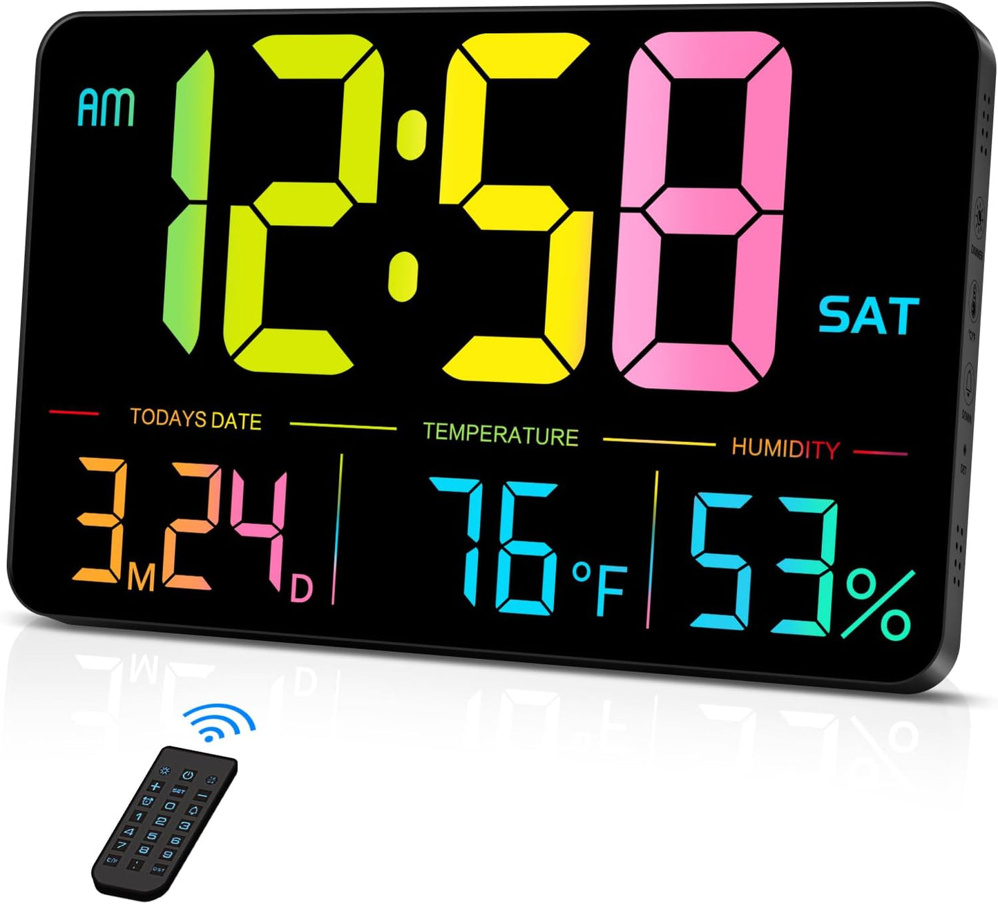 MASHI Digital Clock, 13" Large Display Digital Wall Clock, Adjustable Brightness Calendar Clock with Day and Date,DST,Alarms,Humidity,Temperature for Desk,Wall Mounted (Black Case Color Light)