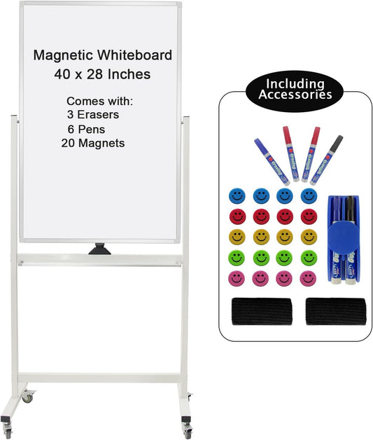 40" x 28" Mobile Dry Erase Whiteboard Double-Sided White Boards on Wheels Flip-Over Magnetic Rolling Whiteboard with Stand, Aluminium Frame