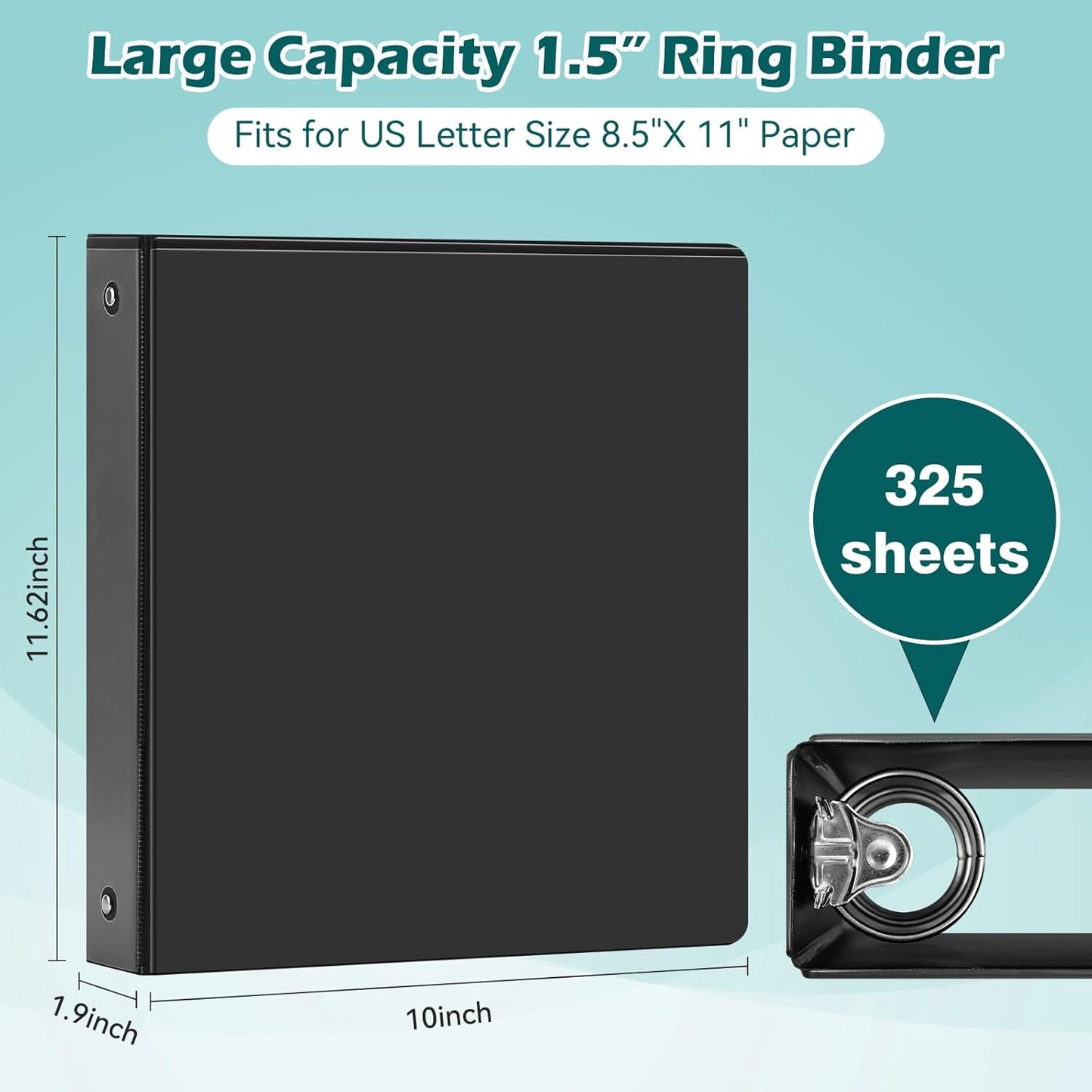3 Ring Binder 1.5 Inch 6 Pack, 1-1/2" Clear View with Round Rings, PVC-Free,Holds for 325 Sheets 8.5X 11 US Letter Size Paper, Durable Black Perfect for Office,School and Home