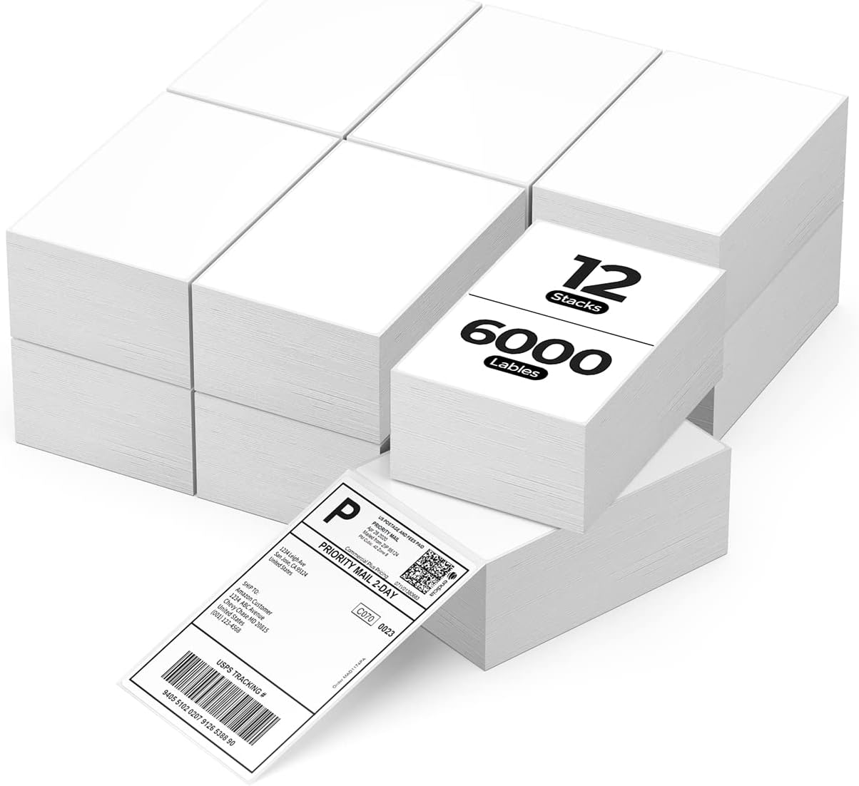 MUNBYN 4x6 Inch Direct Thermal Labels, 6000 Labels/12 Stacks(500 Pcs per Stack), Fanfold Shipping Label Paper for Thermal Printers, Permanent Adhesive Mailing Postage Labels for Shipping Packages