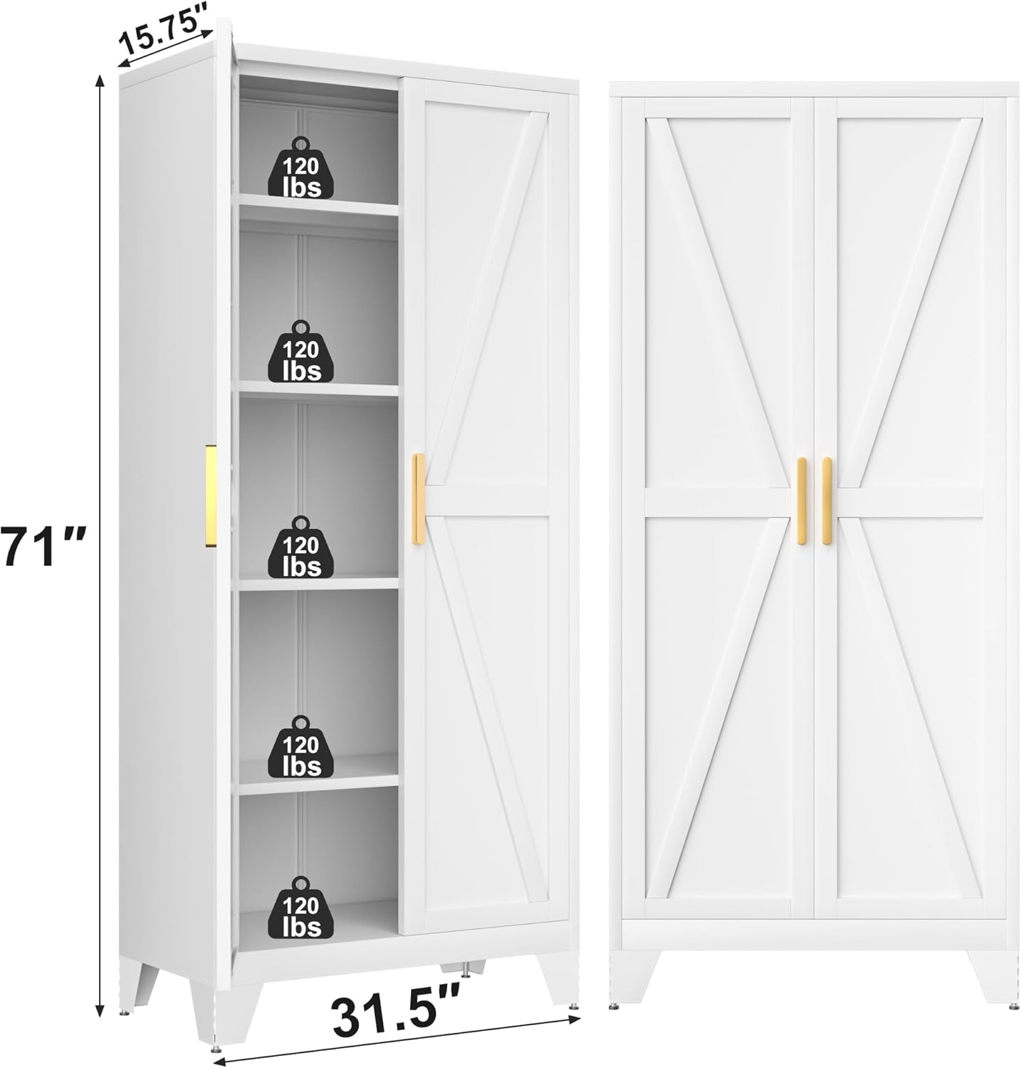 71H Tall Metal Storage Cabinet with 2 Doors and 5 Shelves,Farmhouse Storage Cabinet with Barn Doors,Pantry Storage for Home,Office,Dining Room,Kitchen,Bathroom(White)