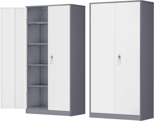 INTERGREAT Garage Storage Cabinets with Doors and Shelves,72" Grey White Steel Tool Locking Cabinet, Metal Storage Cabinet for Home Office, Warehouse, School