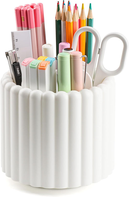 Desk Organizer, 360° Rotating Pen Holder for Desk, Pencil Cup with 7 Compartments Storage Box Caddy for Kids, Office, School, Home (White)