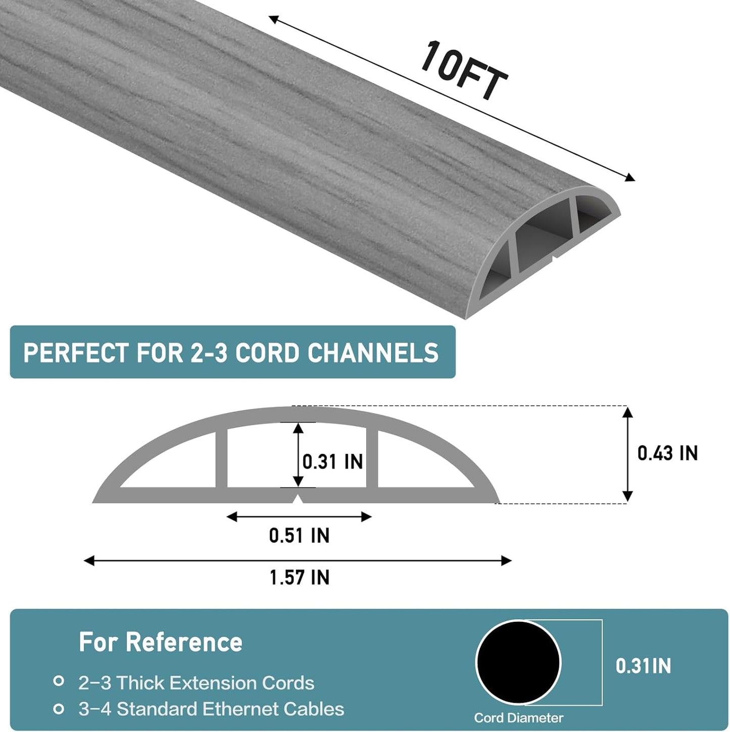 Floor Cord Cover Self Adhesive Cord Hider Floor Extension Cord Covers for Floor Power Cord Protector Cable Management Prevent Cable Trips Cable Cavity 0.51" W x 0.31" H (Light Grey Wood, 10Ft)