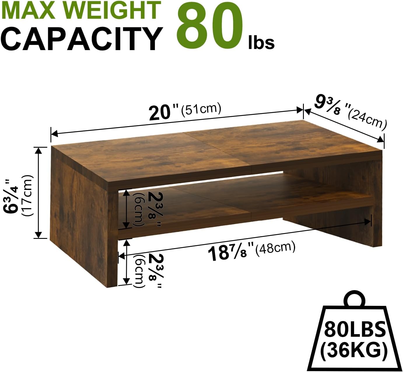 TEAMIX 2 Tier Wooden Monitor Riser Stand, Desktop Stand with storage for Laptop/PC/Printer/Keyboard, TV Stand Shelf Home Office Desk Accessories