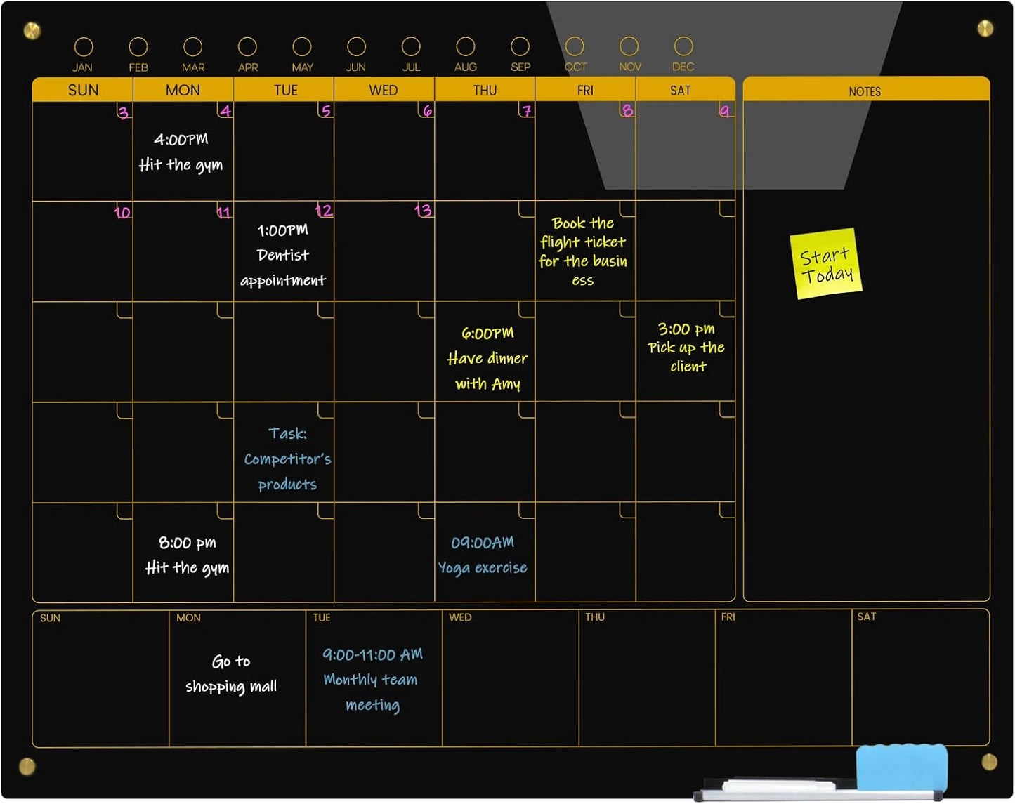 Magnetic Glass Planner Writeboard 36"X48" Monthly/Weekly 3 in 1 Calendar Premium Tempered Glass Dry Erase Boards Frameless Wall Mounted (Black)