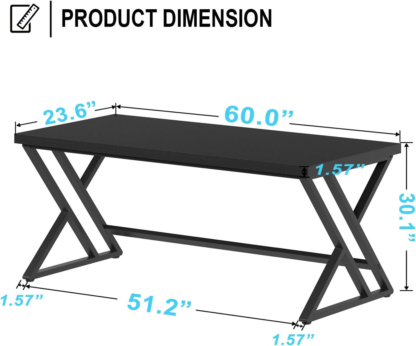 LVB Modern Black Computer Desk, Long Industrial Home Office Desk for Student, Large Metal Wood Writing Study Computer Table, Farmhouse Executive Simple Gaming PC Work Desk for Bedroom, Black, 60 Inch