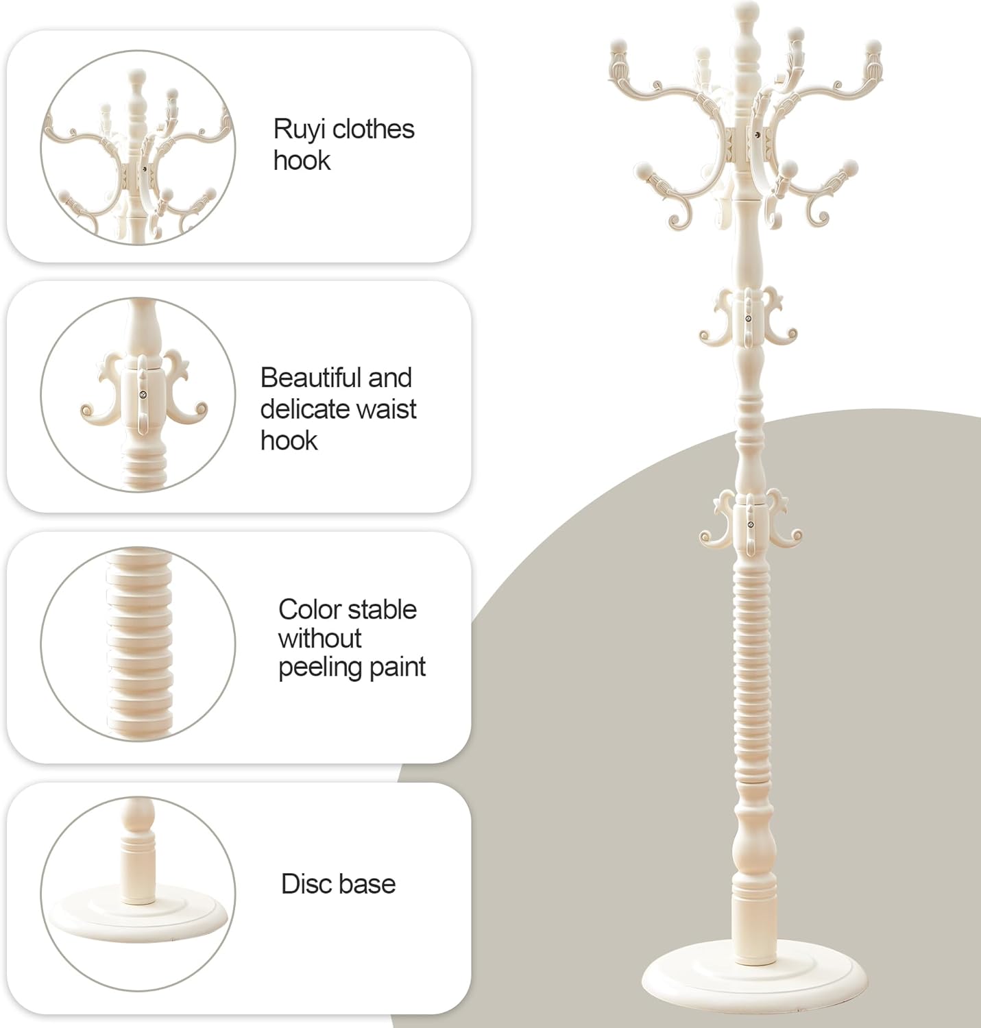 Wooden Coat Rack Free standing 18 Hooks, Vintage Coat Rack Stand for Entryway, Adjustable Height 73", Heavy Duty Coat Tree with Solid Round Base for Home Bedroom, Office (White style)