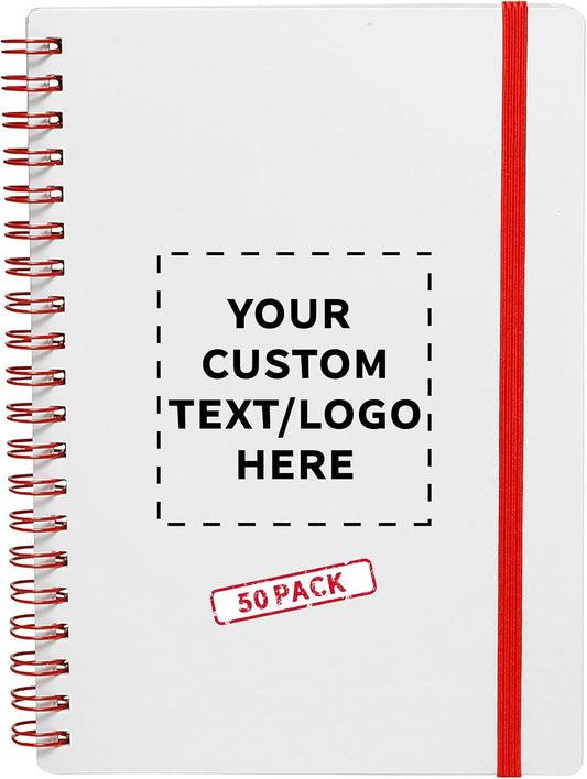 50 White Spiral Notebooks with Elastic Band Pack - Customizable Text, Logo - 80 lined pages, Recycled - Red