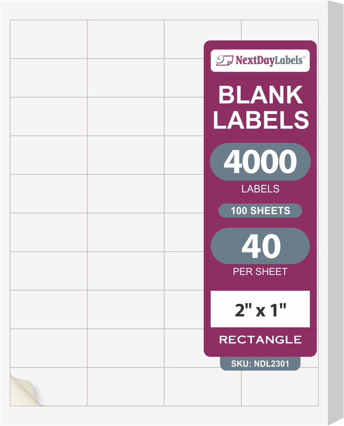 NextDayLabels – 2" x 1" Rectangular Sticker Labels for Printer - White Laser/Inkjet Printer Labels Return Address Labels Shipping Label Stickers (100 Sheets, 40 Per Sheet, 4000 Labels)
