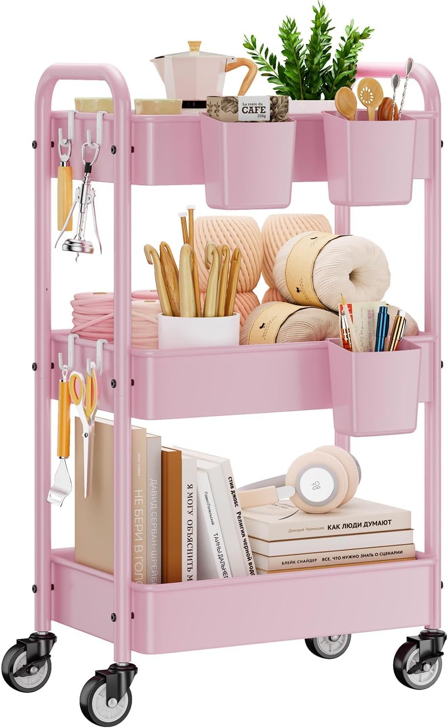 YASONIC 3-Tier Metal Rolling Cart, Heavy Duty Utility Cart with Lockable Wheels, Hanging Cups, Hooks, Mesh Rolling Storage Cart Craft Organizer, Lightweight and Sturdy, Pink