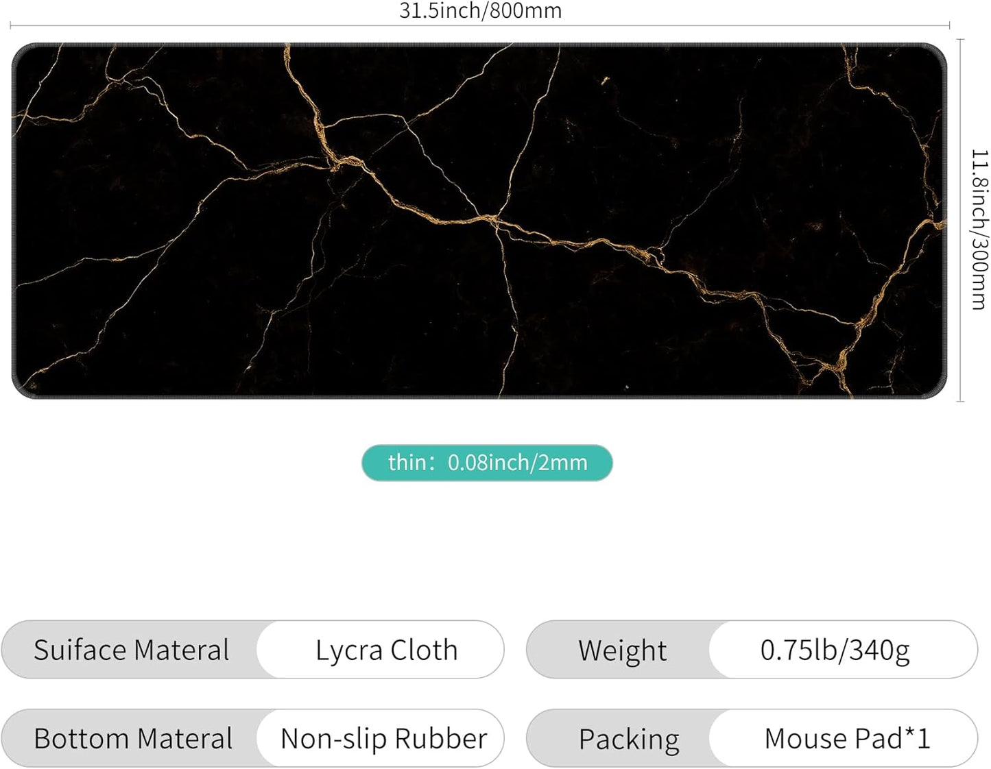 Dynippy Thin Extended Gaming Mouse Pad （31.5 * 11.8 * 0.08 inch） with Stitched Edges Large Mousepad Long XXL Keyboard and Mouse pad Desk Mat for Gaming Office & Home - Black Gold Marble