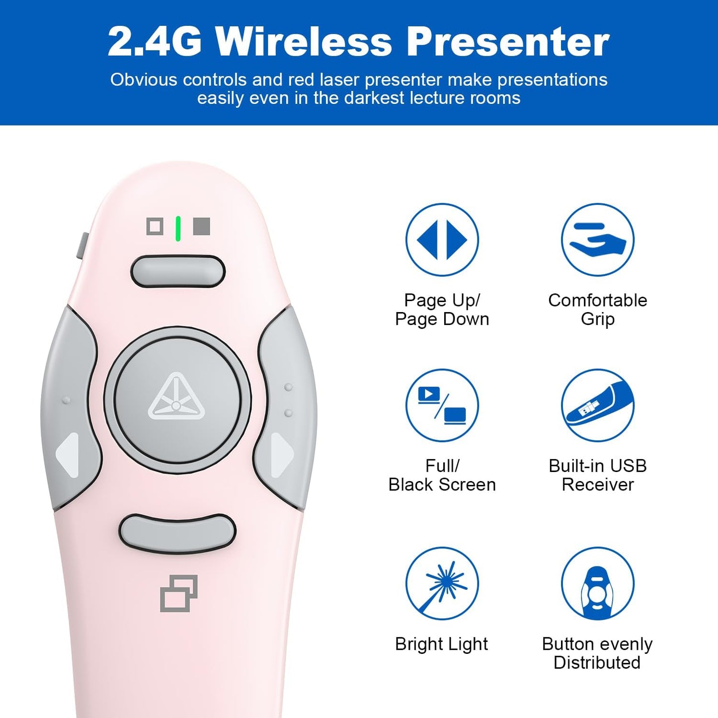 QUI Presentation Clicker Wireless Presenter Remote Clicker for PowerPoint Presentation Remote, PowerPoint Slide Advancer for Mac/Windows/Linux, Google Slide/PPT/Keynote, Type-c, Pink