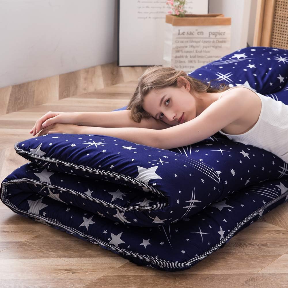 MAXYOYO Navy Starry Sky Japanese Futon Mattress, Tatami Floor Mat, Portable Camping Sleeping Pad, Foldable Roll Up Lounger Bed Full Size with Mattress Protector Cover