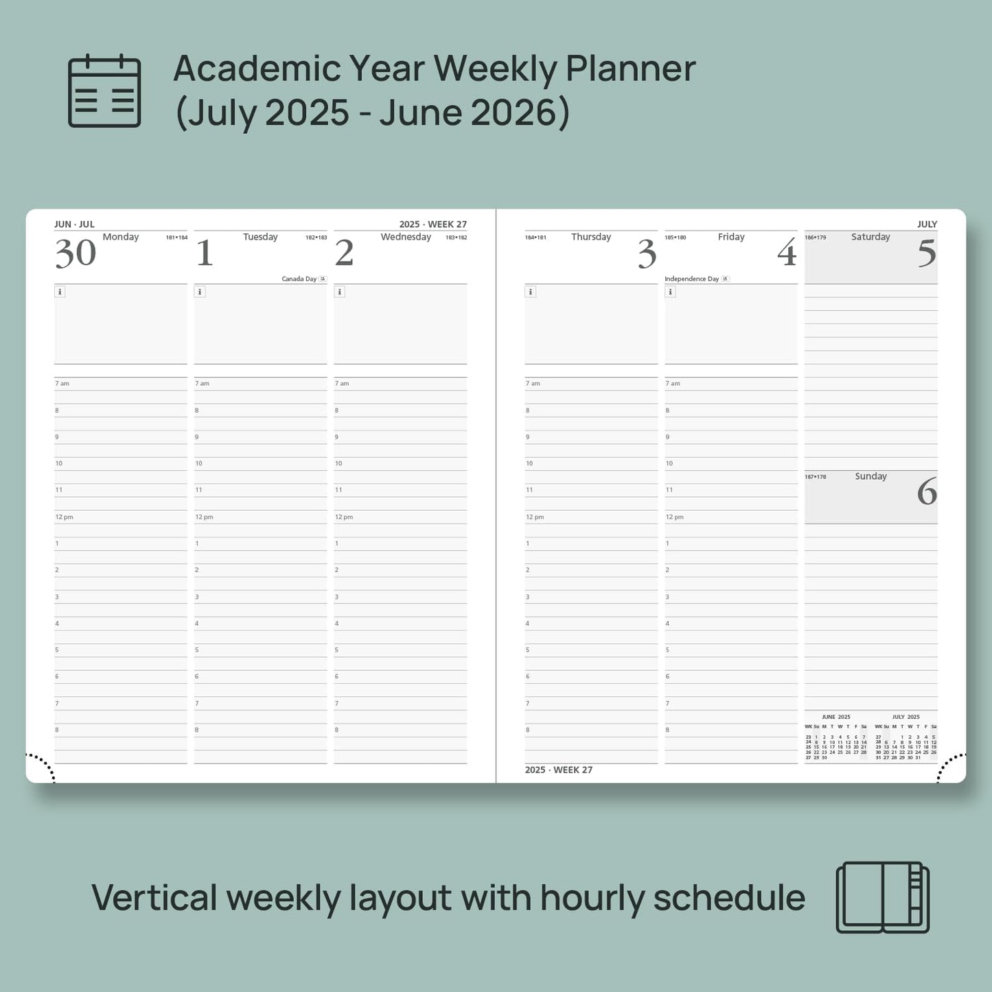 POPRUN Planner 2025-2026, (Large 8.5'' x 10.5'' Hard Cover) Academic Calendar (July 25-June 26) Daily Weekly and Monthly Appointment Book with Hourly Time Slots, Monthly Tabs, 100 GSM - Midnight Green