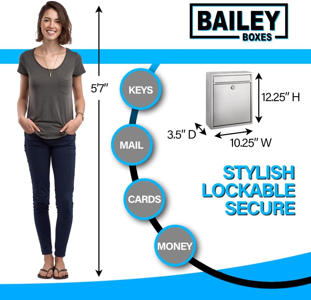 Modern Wall Mounted Locking Small Architectural Mailbox from Bailey Boxes - 12.25" H x 10.25" W x 3.5" D - The Murphy