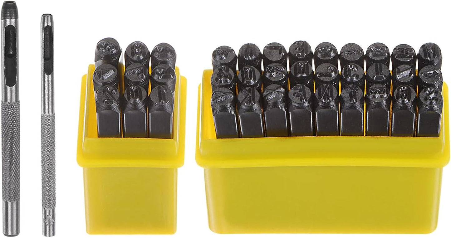 HARFINGTON 36pcs Metal Stamping Kit 5/32" (4mm) (A-Z, 0-8, "&" Symbol) Steel Letter Punch Press Tool with Hole Punch to Stamp on Metal, Plastic, Wood, Leather, Black