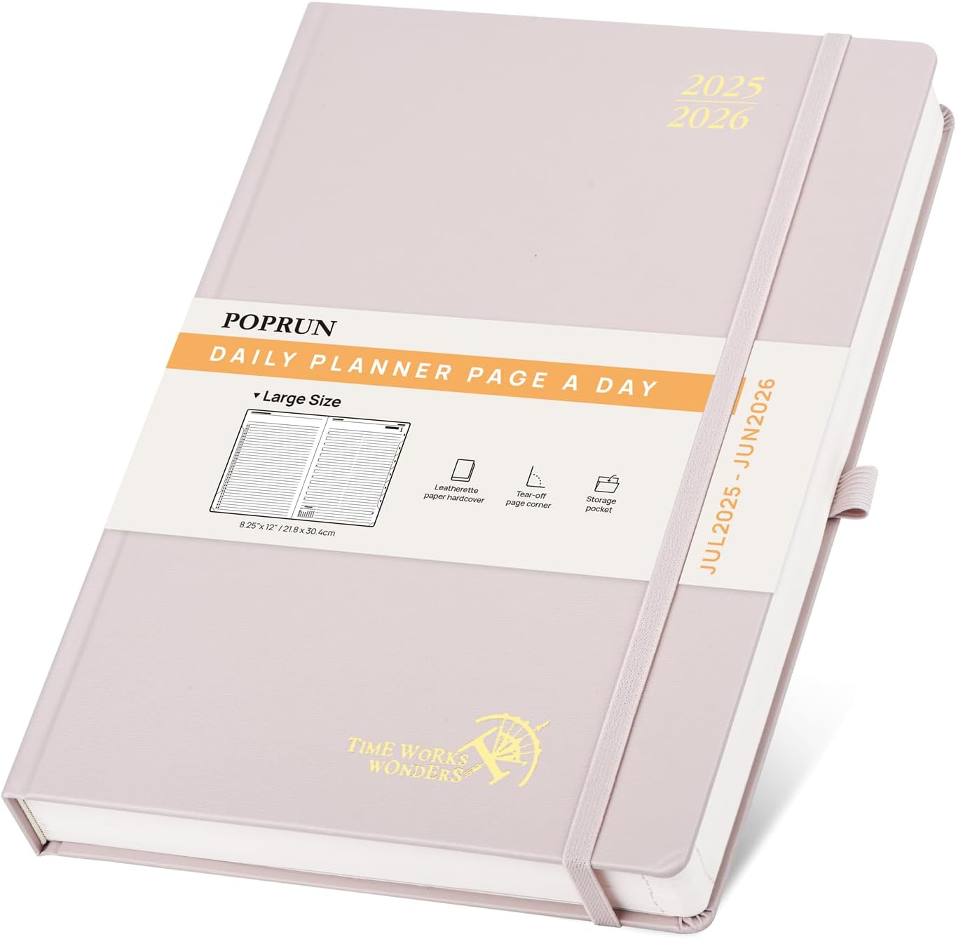 POPRUN 2025-2026 Daily Planner One Page Per Day (Large - 8.25'' x 12'') - Academic Calendar (July 2025 - June 2026), 2025 Day Appointment Book with Monthly Tabs, Hardcover - Light Pink