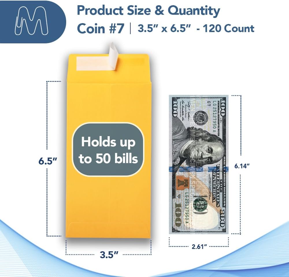 MOS #7 Gold Coin Envelopes 3.5 x 6.5 Inch 120 Pack — Self-Seal Yellow Money Envelopes for Cash, Budgeting, Savings Challenges, Seed Storage, Small Parts