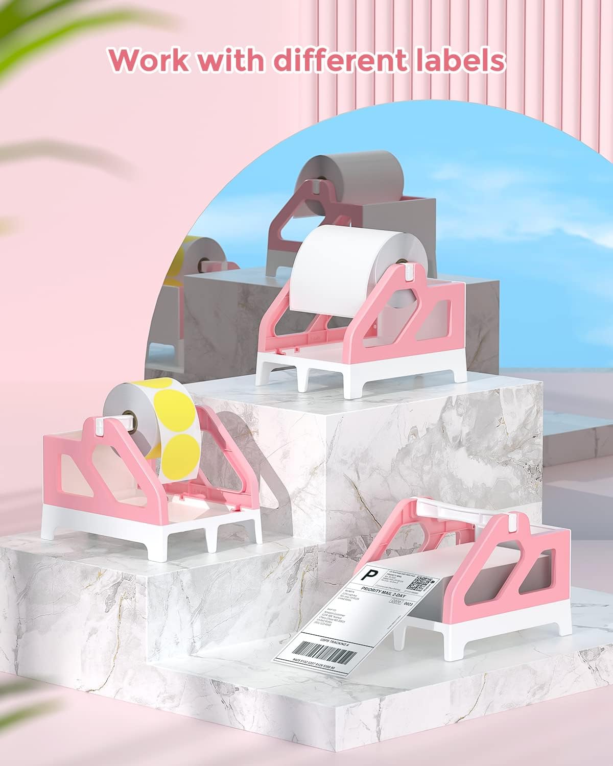 MUNBYN Label Holder for Rolls and Fan-Fold Labels, Thermal Sticker Roll Holder for Desktop Thermal Printer Shipping Supplies Industrial Paper, Pink