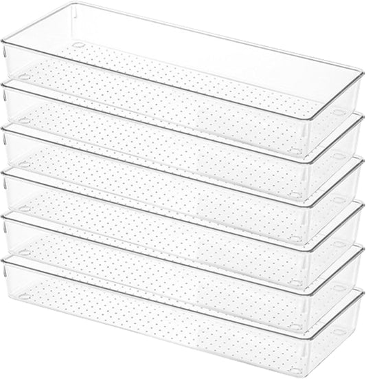6 Pack Clear Drawer Organizer Trays Plastic Drawer Organizers Set 15 x 6 x 2 Inch Desk Drawer Divider Storage Bins Stackable Drawer Organizer Trays for Dresser Makeup Kitchen Office