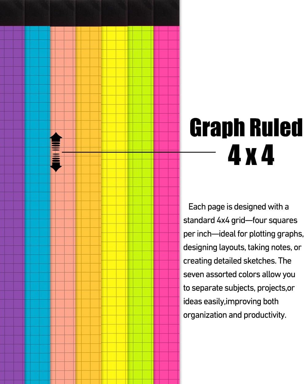 Colored Graph Paper Pad 8.5 x 11 Inches 7 Pack,30 Sheets Grid Notebook 4x4 Graph Ruled 7 Colors High Brightness Neon Pads Easy Tears Off 75 GSM/19 LB Paper for School,College,Office,Business