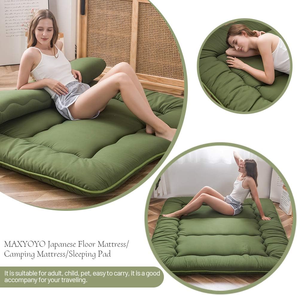 MAXYOYO Japanese Floor Mattress Futon Mattress, Thicken Tatami Mat Shiki Futon Sleeping Pad Foldable Roll Up Mattress Guest Mattress Pad Floor Lounger Bed, Green, King