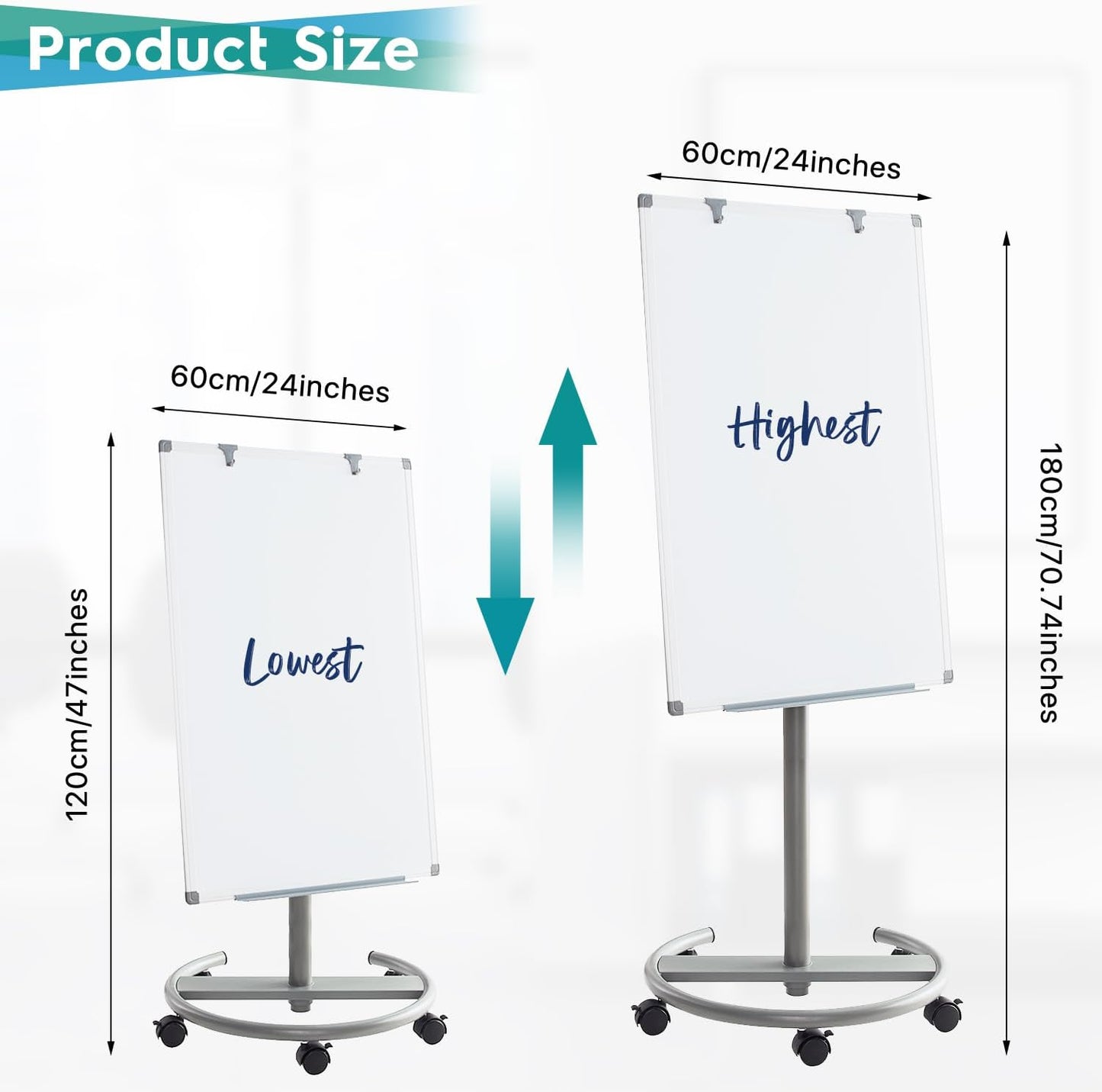 MAKELLO Rolling Whiteboard 3' x 2', Height Adjustable Dry Erase Board on Wheels, Mobile White Board for Office School Classroom Home Restaurant, Aluminum Frame, 36x24 in