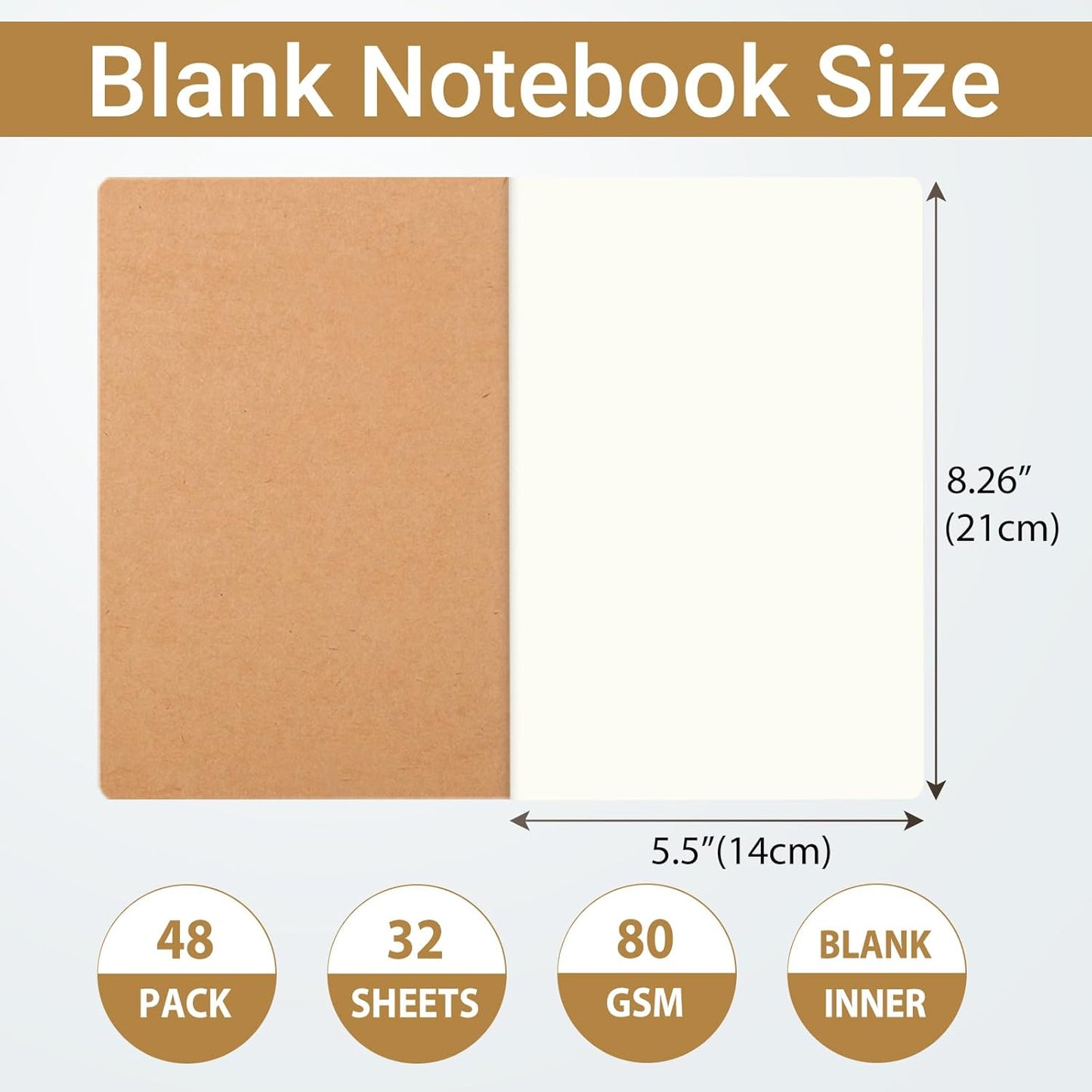 48 Pack Kraft Notebooks Journal Bulk, A5 Size Blank Sketch Notebooks for Travelers, Students, Office - Composition Notebook Subject Notebooks - 8.26”x5.5”, 64 Blank Pages/32 Sheets