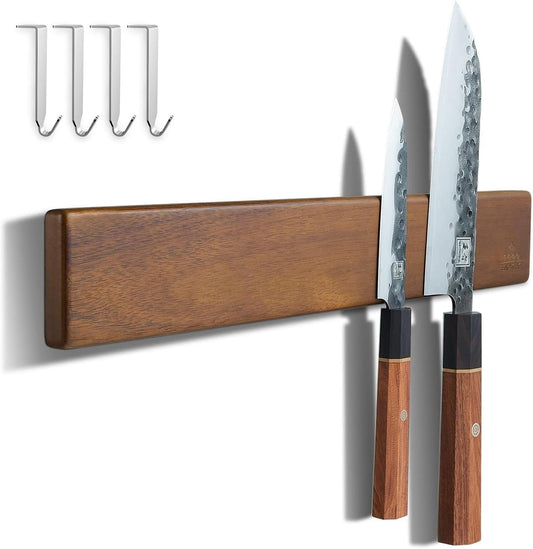 ENOKING Magnetic Knife Holder for Wall, Knife Magnetic Strip No Drilling 16 Inch, Powerful Kitchen Knife Magnetic Holder, Acacia Wood Knife Magnet for Kitchen Utensil Organizer with 4 Hooks