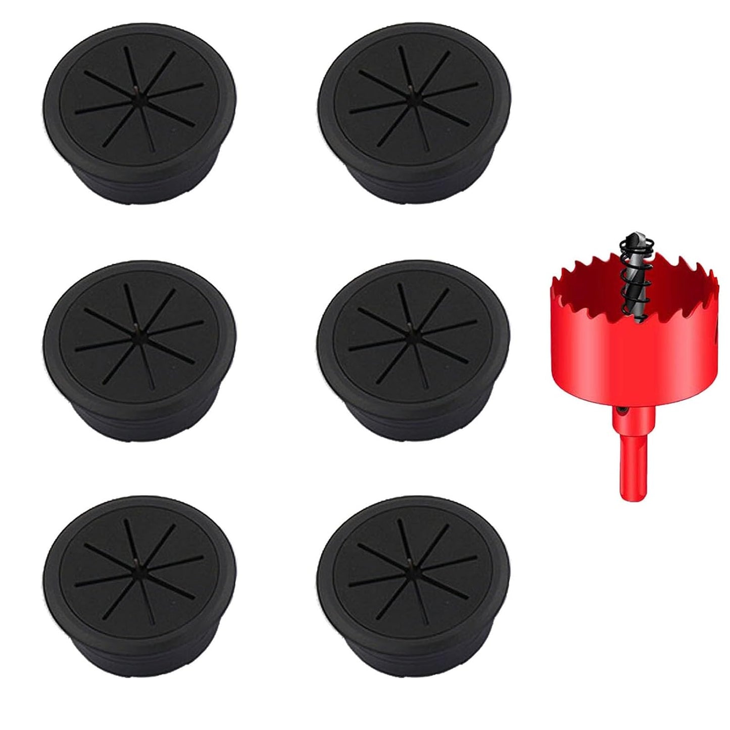 TuTuYa Desk Grommet, 6PCS Flexible 2-3/8 Inch (60mm) Desk Cable Grommet Desk Cable Hole Covers with Hole Saw, Ideal Solution for Office and Home Table Cable (Black, 2-3/8Inch_60mm)