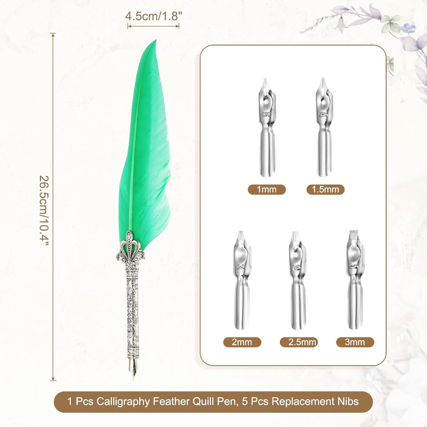 PATIKIL 26.5cm/10.4" Calligraphy Feather Quill Pen, Vintage Feather Dip Pen with 5 Replacement Nibs for Calligraphy Writing Wedding Office Gifts Green