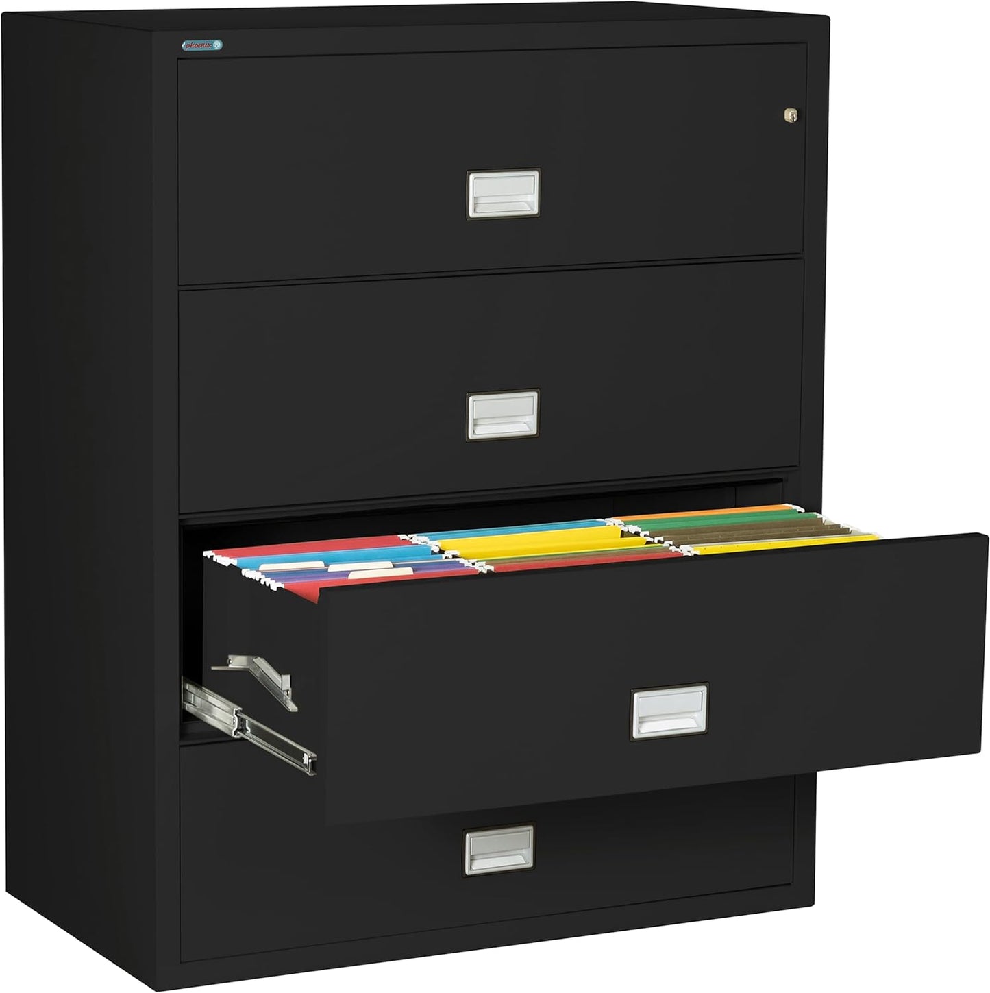 44 inch Wide 4-Drawer Lateral Fireproof File Cabinet – Legal and Letter Size Filing – Key Lock – Water Resistant – Fire Safe and Impact Rated – Black Finish – Model LAT4W44B