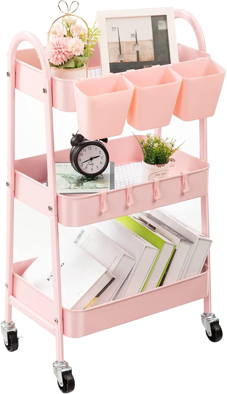 Danpinera 3-Tier Rolling Cart, Metal Storage Cart with Lockable Wheels, Hanging Cups & Hooks, Mobile Trolley for Kitchen, Bathroom, Office, Workshop, Pink