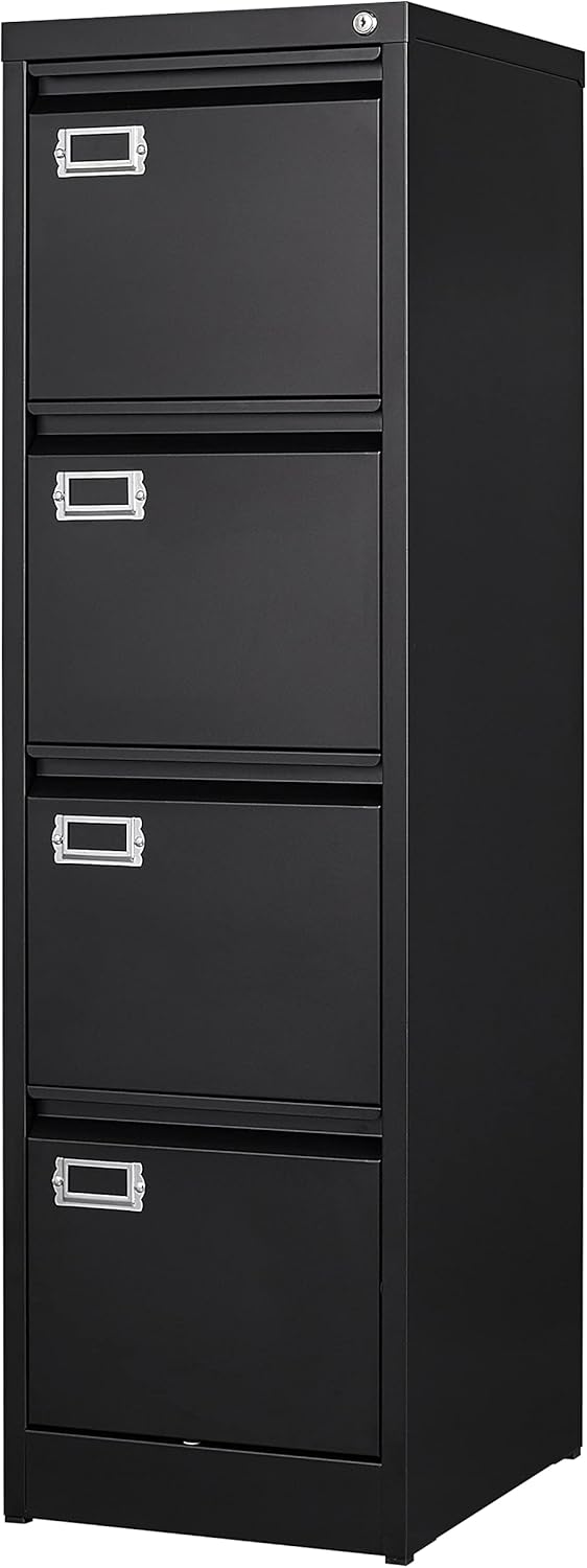 4 Drawer File Cabinet with Lock Metal Vertical File Cabinet Office Home Vertical File Cabinet for A4 Legal/Letter Size Narrow File Cabinet Locked,Assembly Required (Black, 4 Drawers- Vertical)
