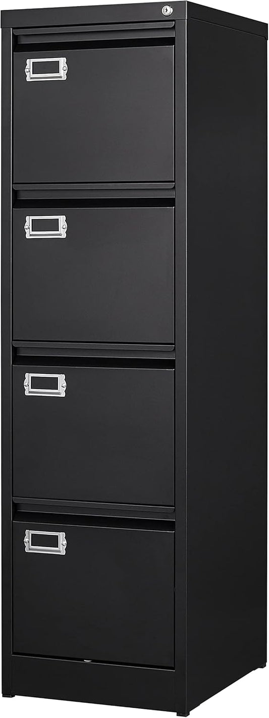 4 Drawer File Cabinet with Lock Metal Vertical File Cabinet Office Home Vertical File Cabinet for A4 Legal/Letter Size Narrow File Cabinet Locked,Assembly Required (Black, 4 Drawers- Vertical)