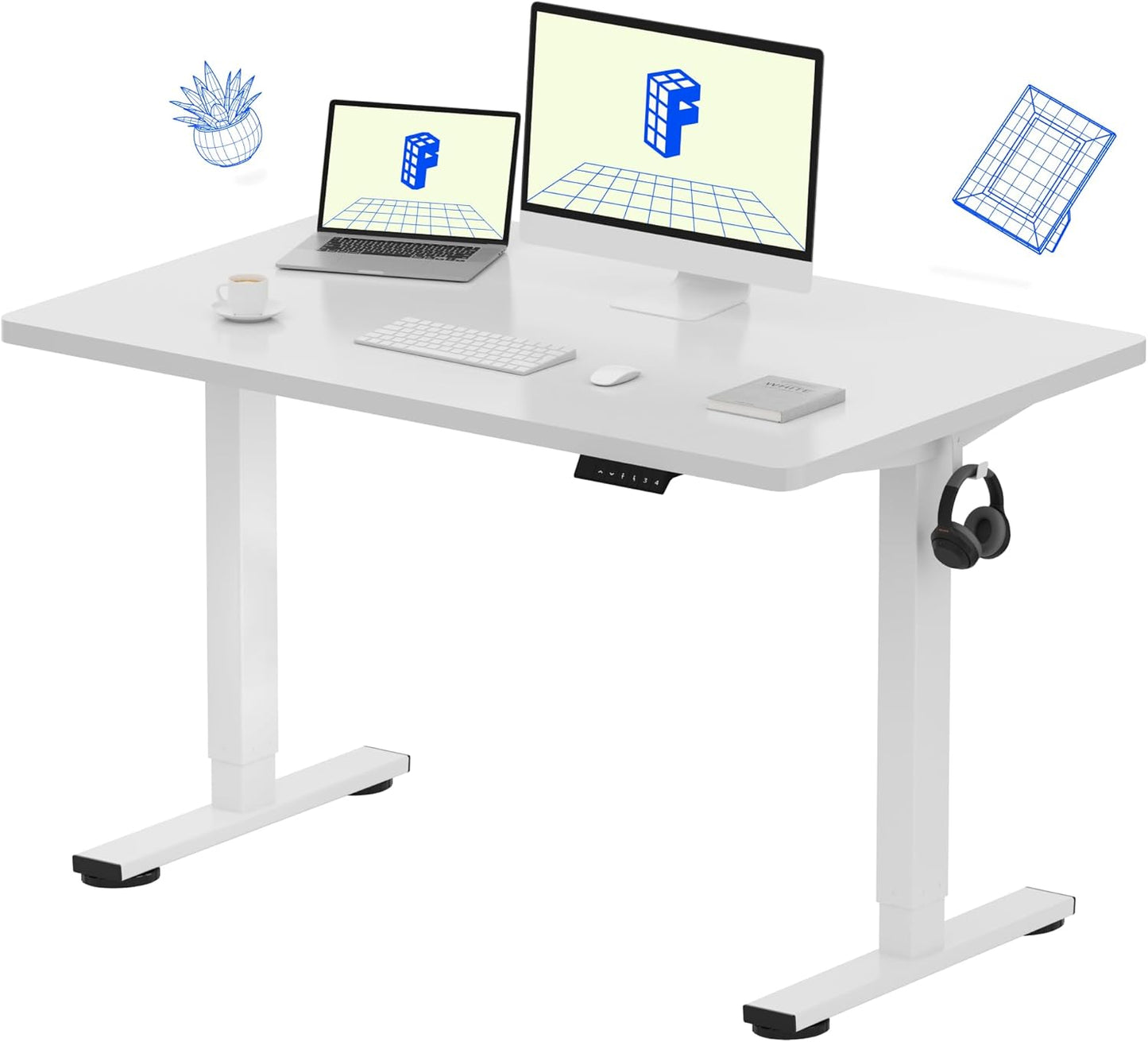FLEXISPOT EN1 Whole-Piece Standing Desk 48 x 30 inches Electric Height Adjustable Desk for Home Office w/Automatic Smart Keypad (Upgraded White Frame + White Top, 2 Packages)