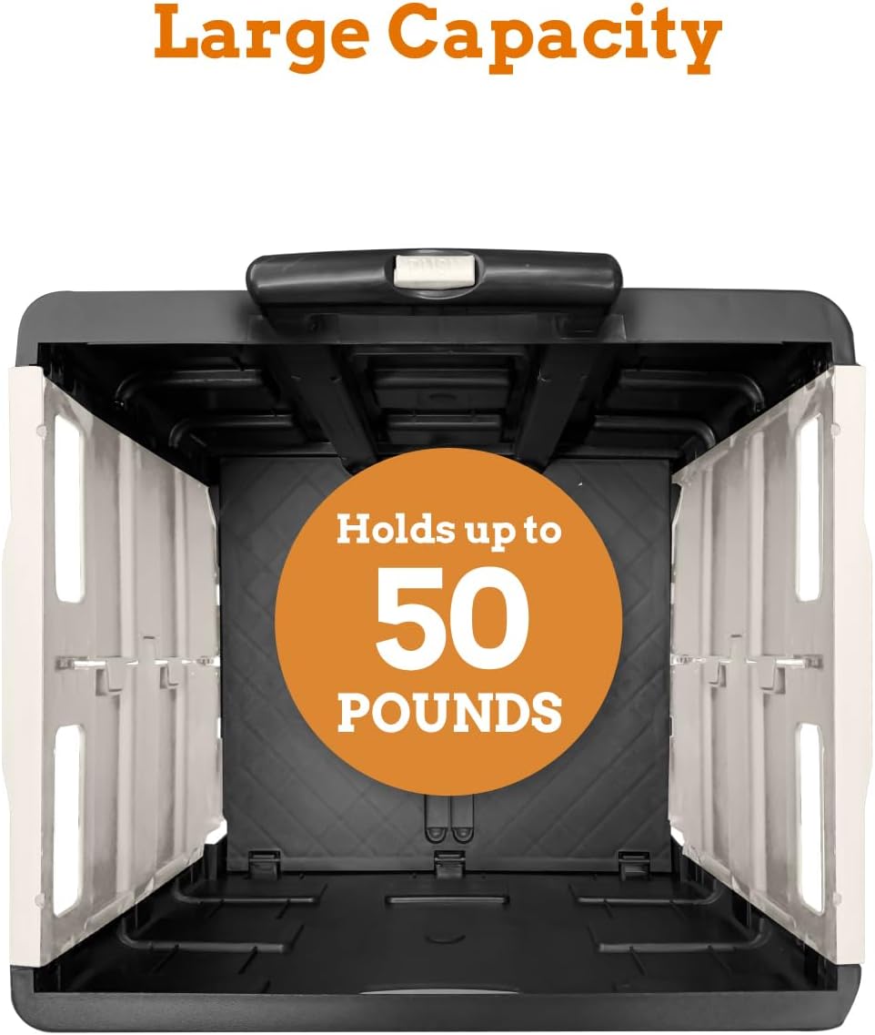 Inspired Living Ultra-Slim Rolling Collapsible Storage Pack-N-Roll Utility-carts, with Telescopic Handle, for Home, Garden, Shopping, Office, School use, Medium, White & Black