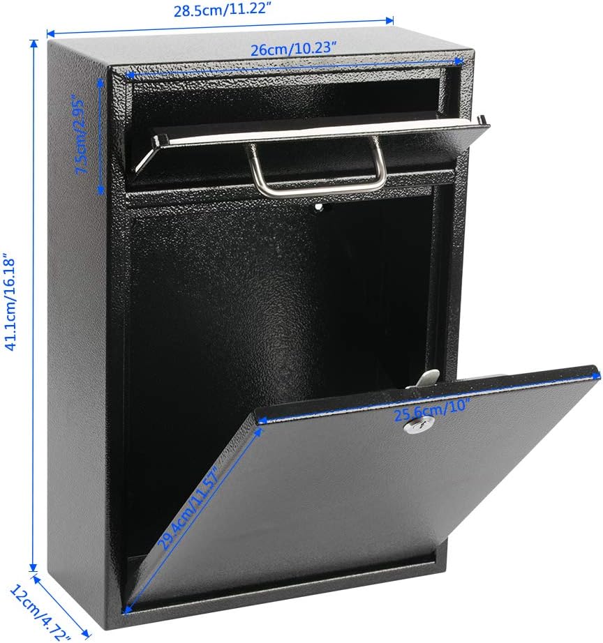 KYODOLED Steel Key Lock Mail Boxes Outdoor, Locking Wall Mount Mailbox, Security Lock Drop Box, Collection Boxes,16.2H x 11.22L x 4.72W Inches, Black X Large