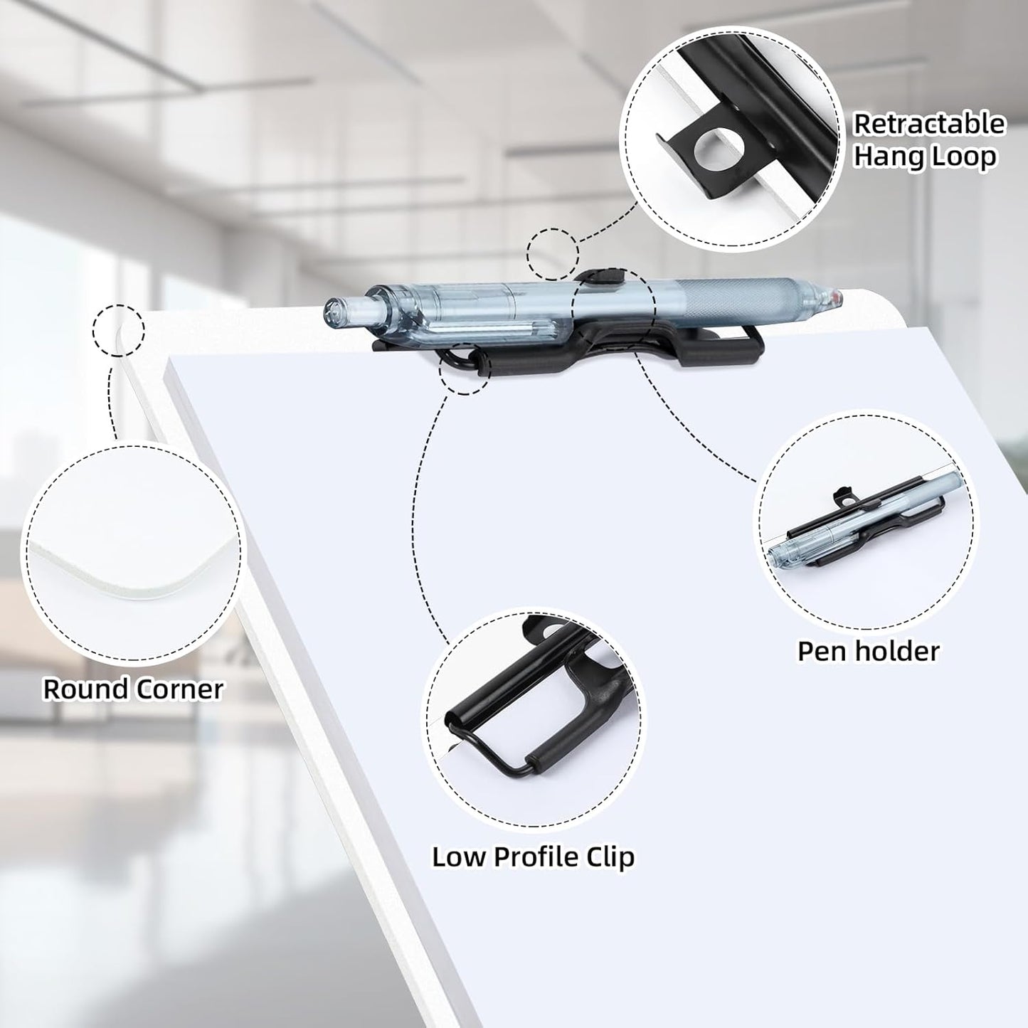 White Clipboard with Pen Holder, Set of 6 Plastic Clipboard with Low Profile Metal Clip, Hanging Clipboards Holds 8.5x11 Inch Papers, Standard A4 Letter Size Clip Boards for Office & School