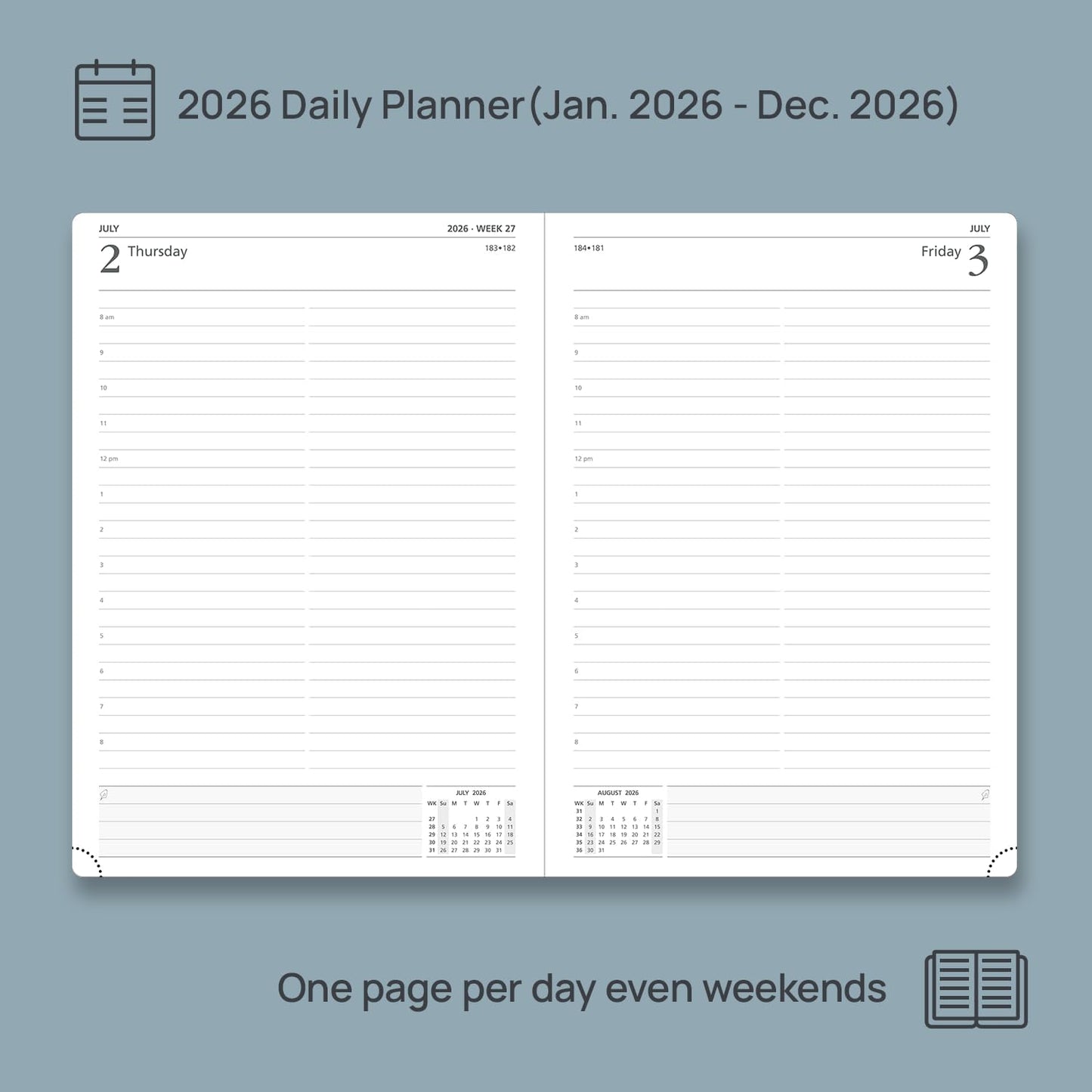 POPRUN 2026 Daily Planner One Page Per Day Even Weekends A4 Large Size (8.5" x 12") - 12 Months Calendar Hourly Appointment Book with Inner Pocket, Pen Holder, Hardcover - Haze Blue