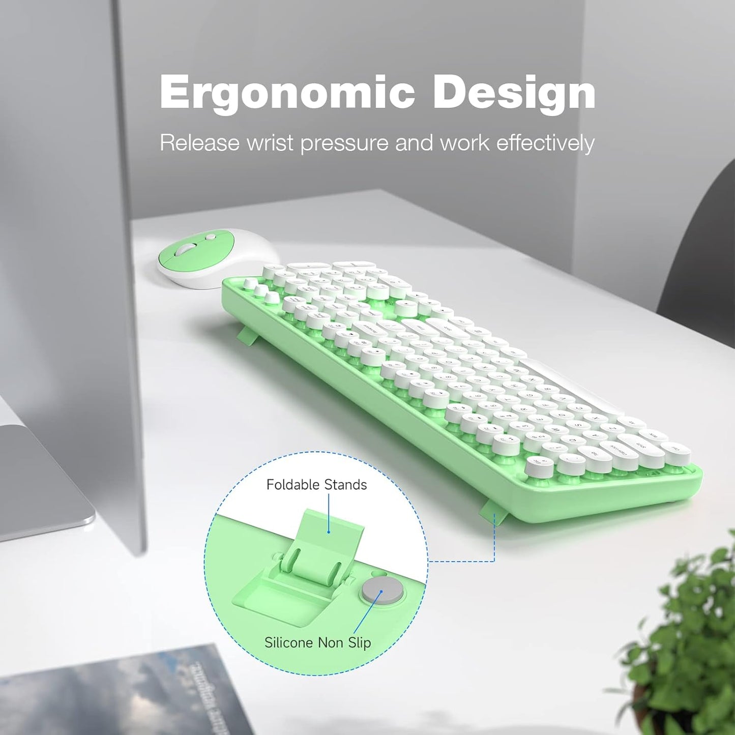Wireless Keyboard and Mouse Combo, MOWUX Full Size Typewriter Retro Round Computer Keyboard, Mouse Wireless, Plug and Play, for Laptop, PC, Computer- Green