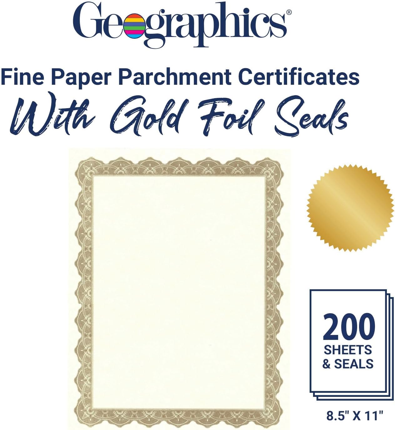 Geographics Optima Gold Blank Award Certificate Paper with Gold Foil Seals, 8.5 x 11, Seal 1.75" (Pack of 200)