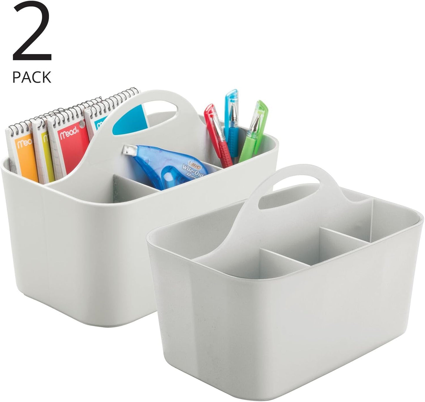 mDesign Plastic Small Office Storage Organizer Utility Tote Caddy with Handle for Cabinets, Desks, Workspaces - Holds Desktop Office Supplies, Pencils, Staplers Lumiere Collection, 2 Pack, Light Gray