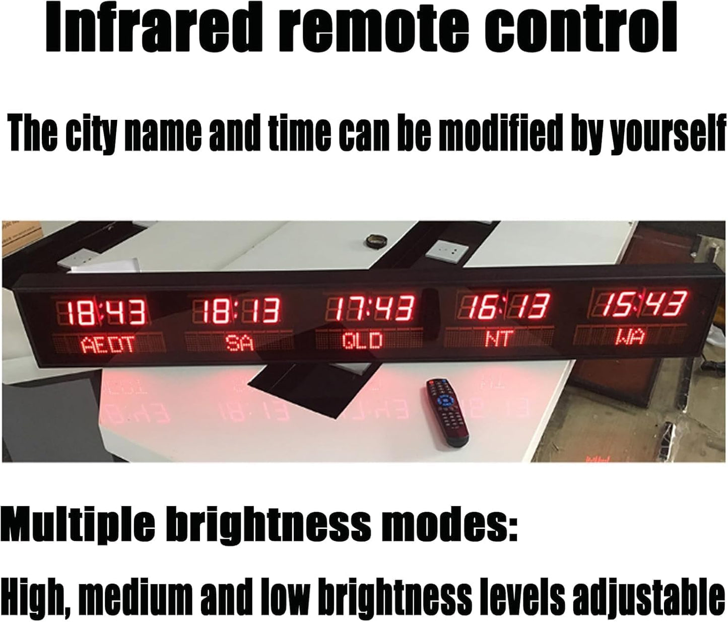 5 City Digital Wall Clock World Time Zone Display, City Can Be Changed, The Brightness Can Be Adjusted in Three Levels, The All-Aluminum Shell, for Hotel