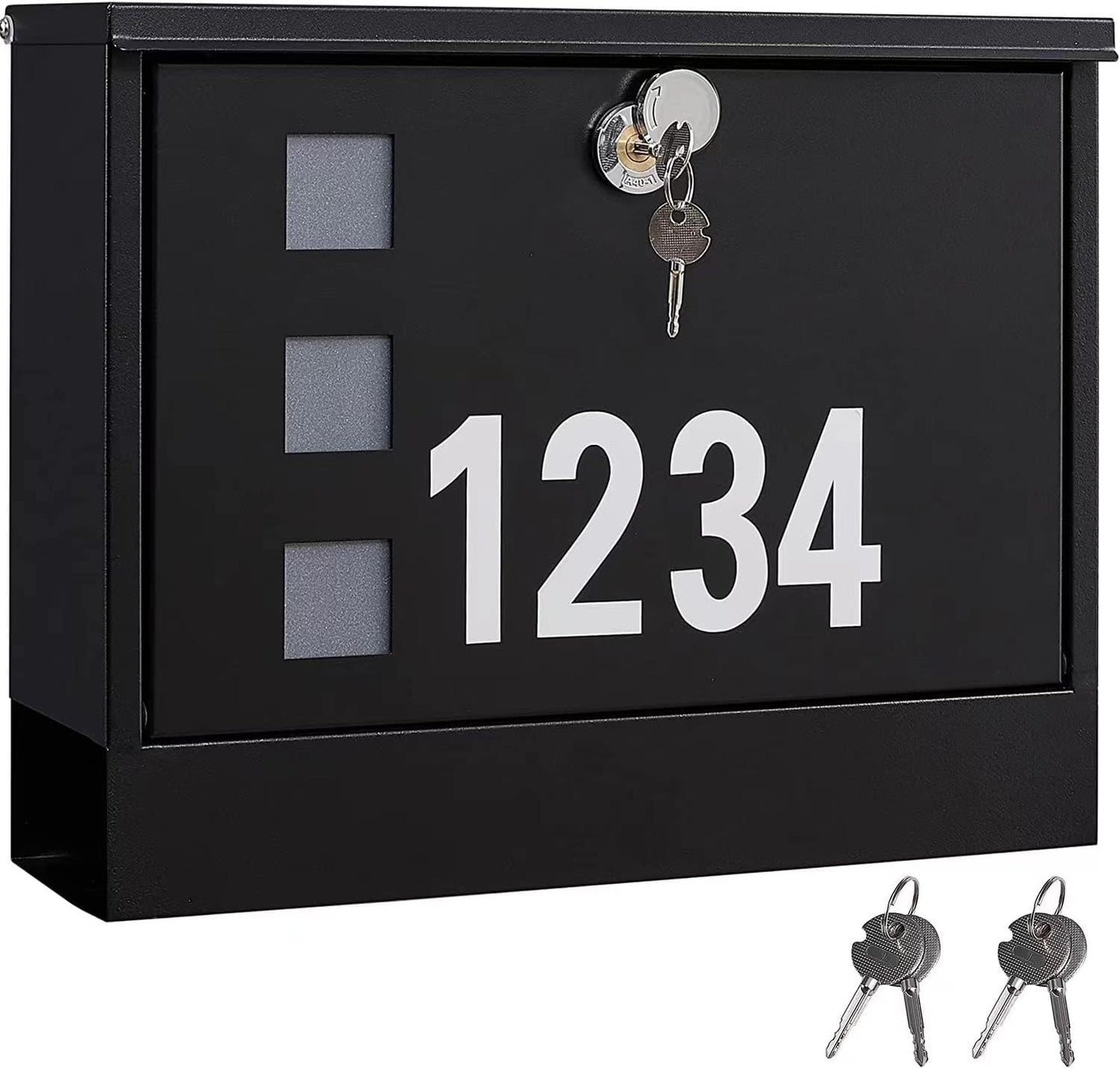 LAND·VOI Locking Mailbox Wall Mounted, Metal Postbox with Three Sets of Mail Box Number Stickers, 4 Keys, 14.4" x 4.5" x 11.2", Large Capacity, Black, AMB11B